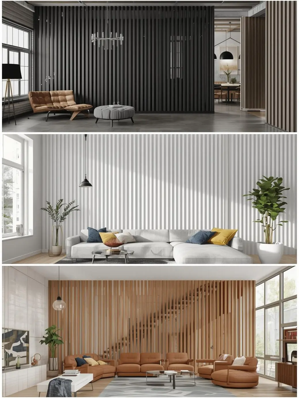 Different styles of slatted partitions suited to the interior – wooden, white and modern designs in a living room setting
